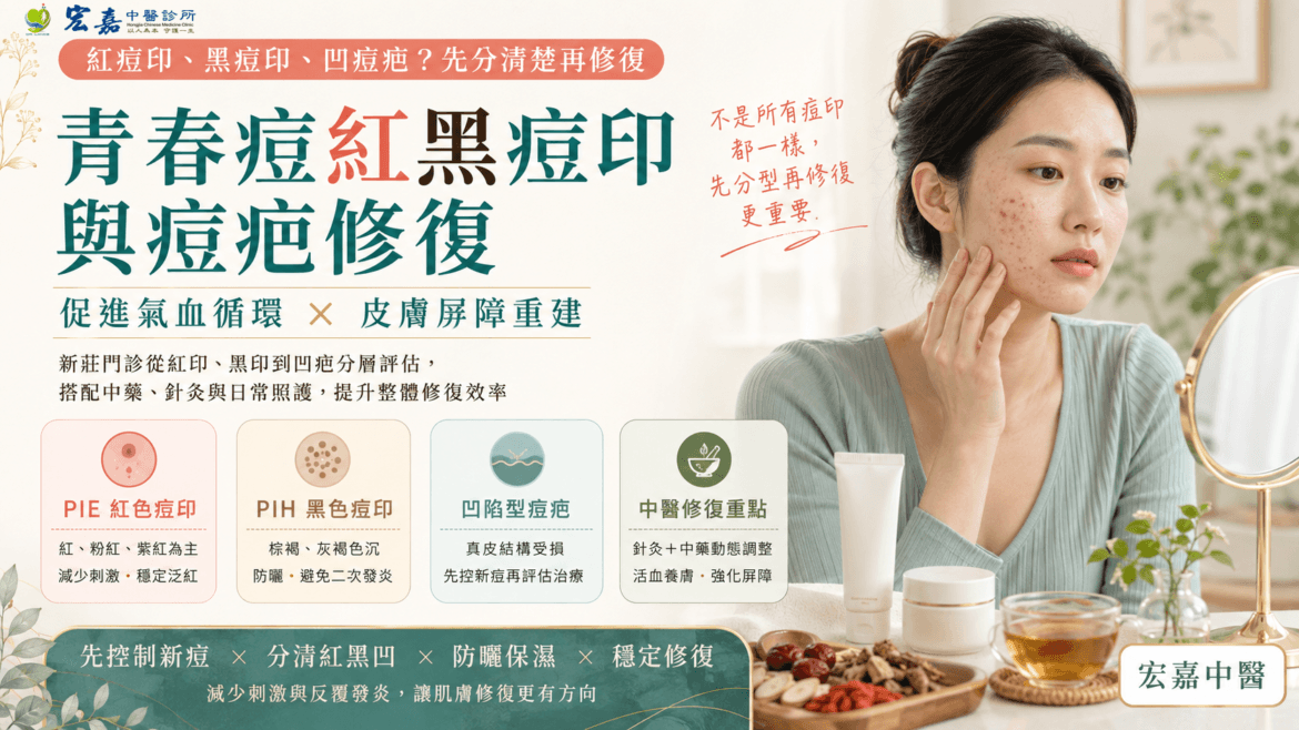 新莊青春痘紅黑痘印與痘疤修復中醫調理示意圖