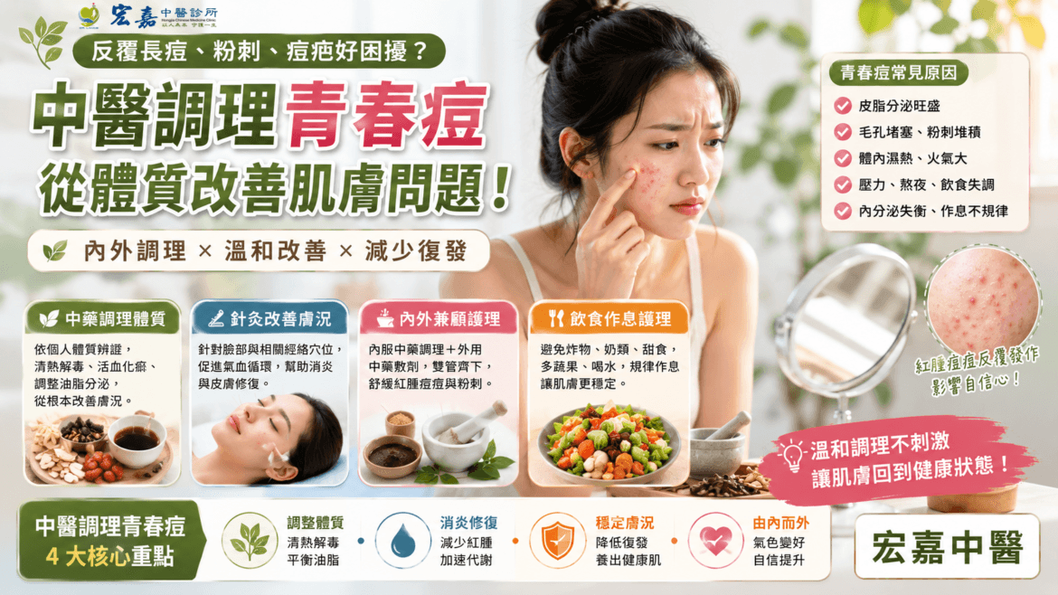 新莊青春痘中醫調理與反覆發炎粉刺痘疤體質辨證示意圖