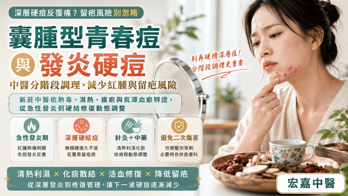 新莊囊腫型青春痘中醫調理與深層紅腫硬痘示意圖