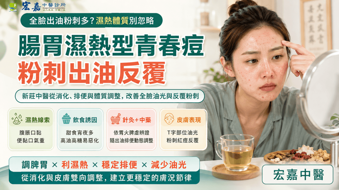 新莊腸胃濕熱型青春痘中醫調理與臉部粉刺出油示意圖